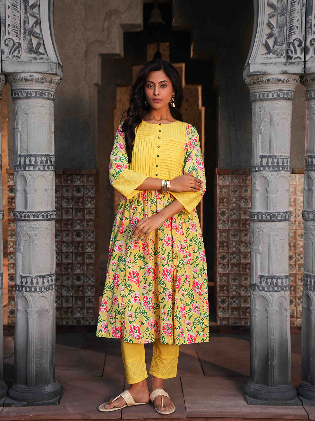 Sunshine Yellow Floral Pintuck Kurta Set