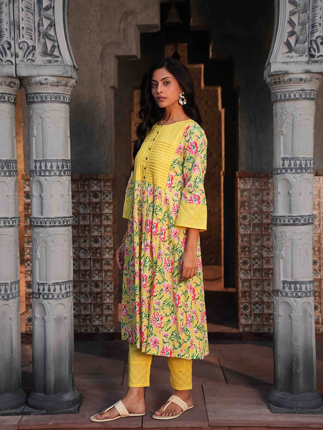 Sunshine Yellow Floral Pintuck Kurta