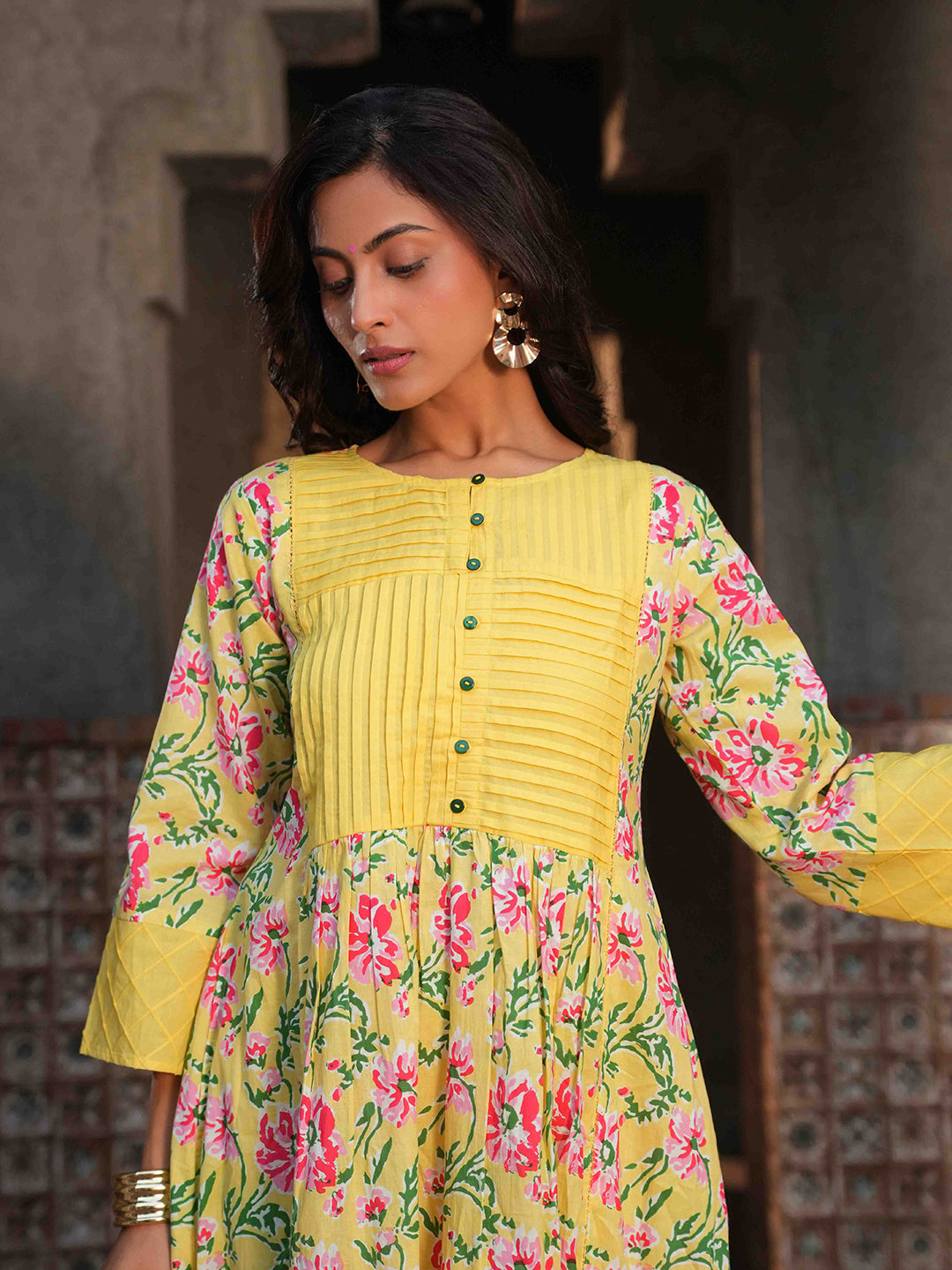 Sunshine Yellow Floral Pintuck Kurta