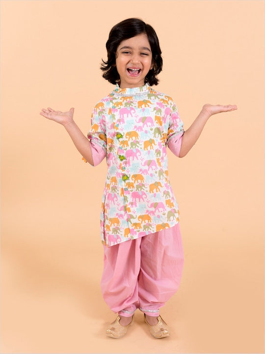 Pspeaches Kids-Boys Pink Floral Printed Pure Cotton Kurta With Trousers And Nehru Jacket (KP-PINK ELEPHANT)