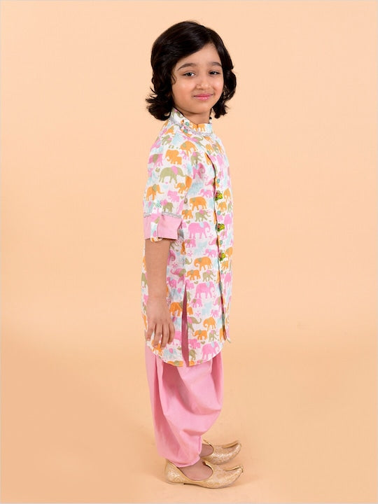 Pspeaches Kids-Boys Pink Floral Printed Pure Cotton Kurta With Trousers And Nehru Jacket (KP-PINK ELEPHANT)