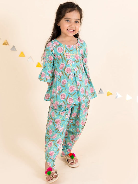 Girls Blue Floral Embroidered Angrakha Gotta Patti Pure Cotton Top with Dhoti Pants (Dh-bluebooti)