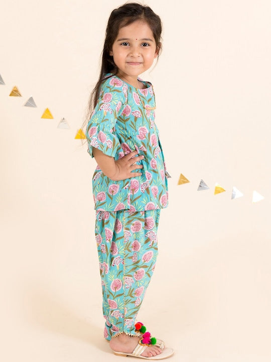 Girls Blue Floral Embroidered Angrakha Gotta Patti Pure Cotton Top with Dhoti Pants (Dh-bluebooti)
