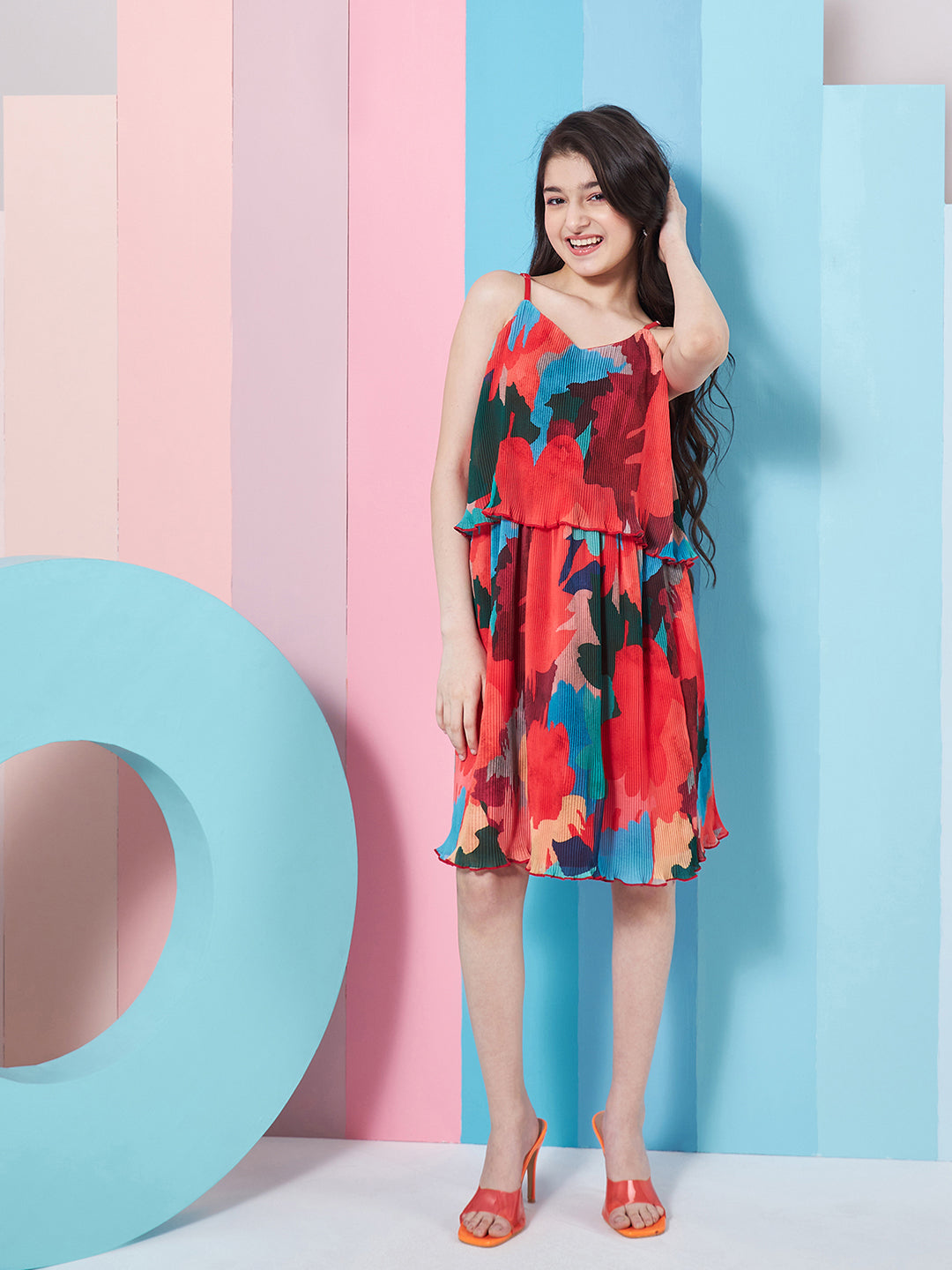 Chic Girl's Abstract Printed Georgette Fit Flare Dress Red Color Special Occasion Wear Fashionable Dress (d-abredpleat)
