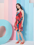 Chic Girl's Abstract Printed Georgette Fit Flare Dress Red Color Special Occasion Wear Fashionable Dress (d-abredpleat)