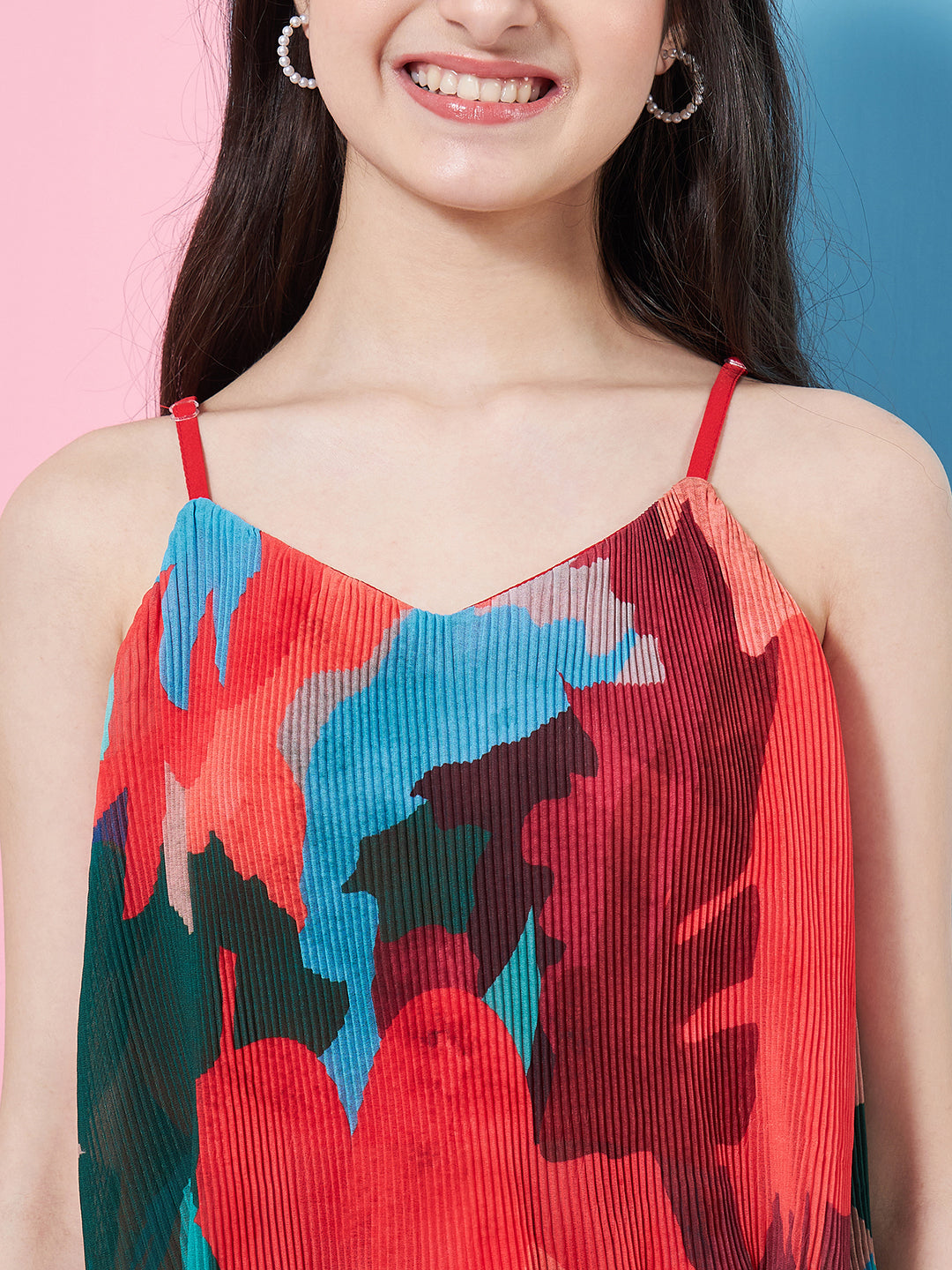 Chic Girl's Abstract Printed Georgette Fit Flare Dress Red Color Special Occasion Wear Fashionable Dress (d-abredpleat)