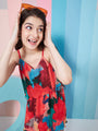 Chic Girl's Abstract Printed Georgette Fit Flare Dress Red Color Special Occasion Wear Fashionable Dress (d-abredpleat)