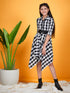 Girls Checked Shirt Collar Belted Monochrome Cotton Shirt Dress (d-blackasy)