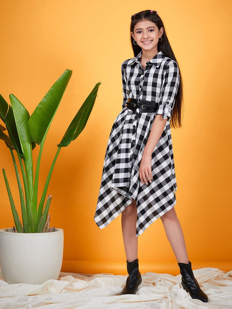 Girls Checked Shirt Collar Belted Monochrome Cotton Shirt Dress (d-blackasy)