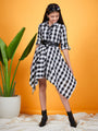 Girls Checked Shirt Collar Belted Monochrome Cotton Shirt Dress (d-blackasy)