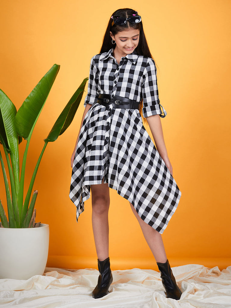 Girls Checked Shirt Collar Belted Monochrome Cotton Shirt Dress (d-blackasy)