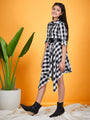 Girls Checked Shirt Collar Belted Monochrome Cotton Shirt Dress (d-blackasy)