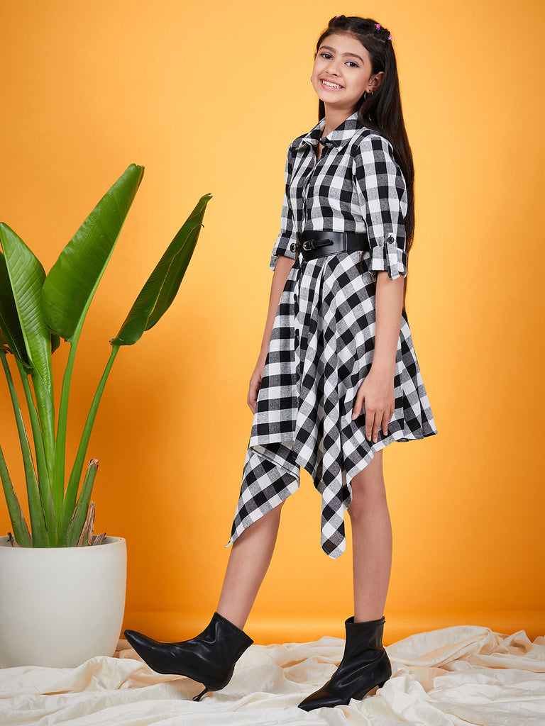 Girls Checked Shirt Collar Belted Monochrome Cotton Shirt Dress (d-blackasy)