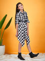 Girls Checked Shirt Collar Belted Monochrome Cotton Shirt Dress (d-blackasy)