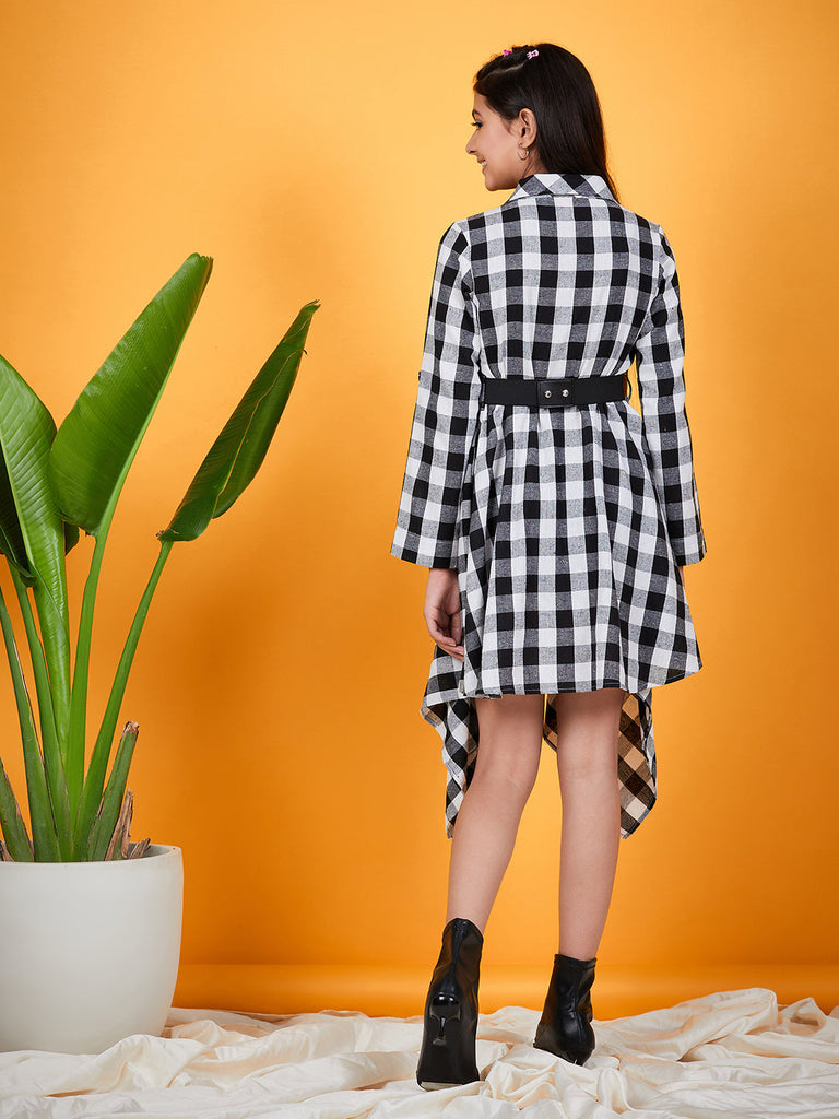 Girls Checked Shirt Collar Belted Monochrome Cotton Shirt Dress (d-blackasy)