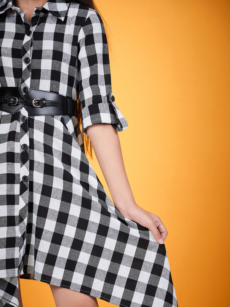 Girls Checked Shirt Collar Belted Monochrome Cotton Shirt Dress (d-blackasy)