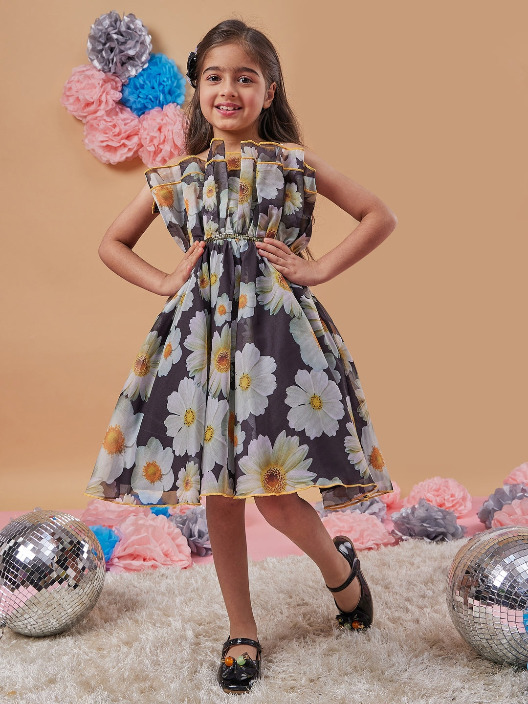 Girl's Floral Printed Fit Flare Dress Effortlessly Trendy Stylish for Every Occasion Black Color (d-blackdaisy)
