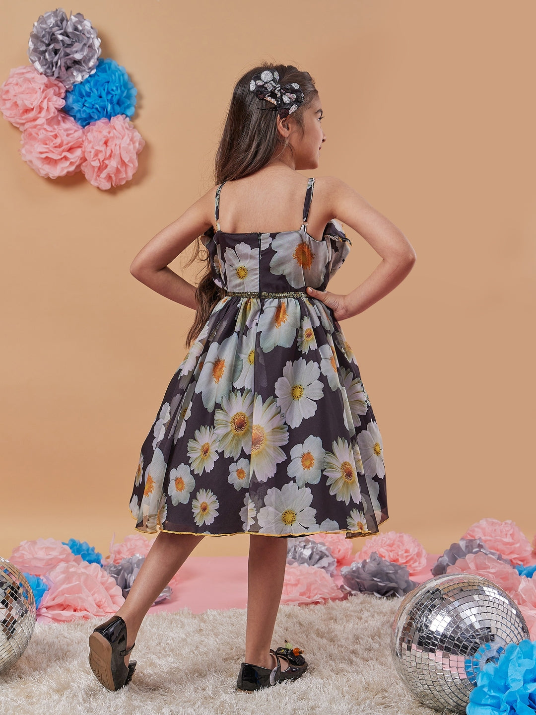 Girl's Floral Printed Fit Flare Dress Effortlessly Trendy Stylish for Every Occasion Black Color (d-blackdaisy)