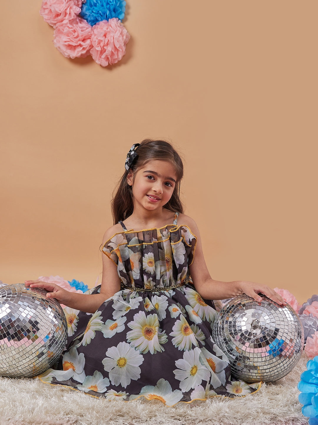 Girl's Floral Printed Fit Flare Dress Effortlessly Trendy Stylish for Every Occasion Black Color (d-blackdaisy)