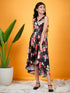 Girls Black Floral Printed Belted A Line V-neck Sleeveless Midi Casual Wear Dress (d-blacksatin)