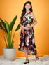 Girls Black Floral Printed Belted A Line V-neck Sleeveless Midi Casual Wear Dress (d-blacksatin)