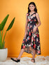 Girls Black Floral Printed Belted A Line V-neck Sleeveless Midi Casual Wear Dress (d-blacksatin)