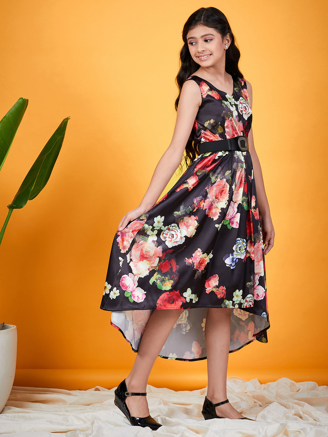 Girls Black Floral Printed Belted A Line V-neck Sleeveless Midi Casual Wear Dress (d-blacksatin)