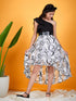 Girls Abstract Printed One shoulder Flared Sleeves Satin Fit & Flare Dress (d-blackwhit)