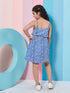Girl's Graphic Printed Sleeveless Cut Out Fit Blue Flare Dress (d-blueindi)