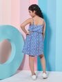 Girl's Graphic Printed Sleeveless Cut Out Fit Blue Flare Dress (d-blueindi)