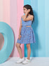Girl's Graphic Printed Sleeveless Cut Out Fit Blue Flare Dress (d-blueindi)