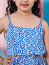 Girl's Graphic Printed Sleeveless Cut Out Fit Blue Flare Dress (d-blueindi)