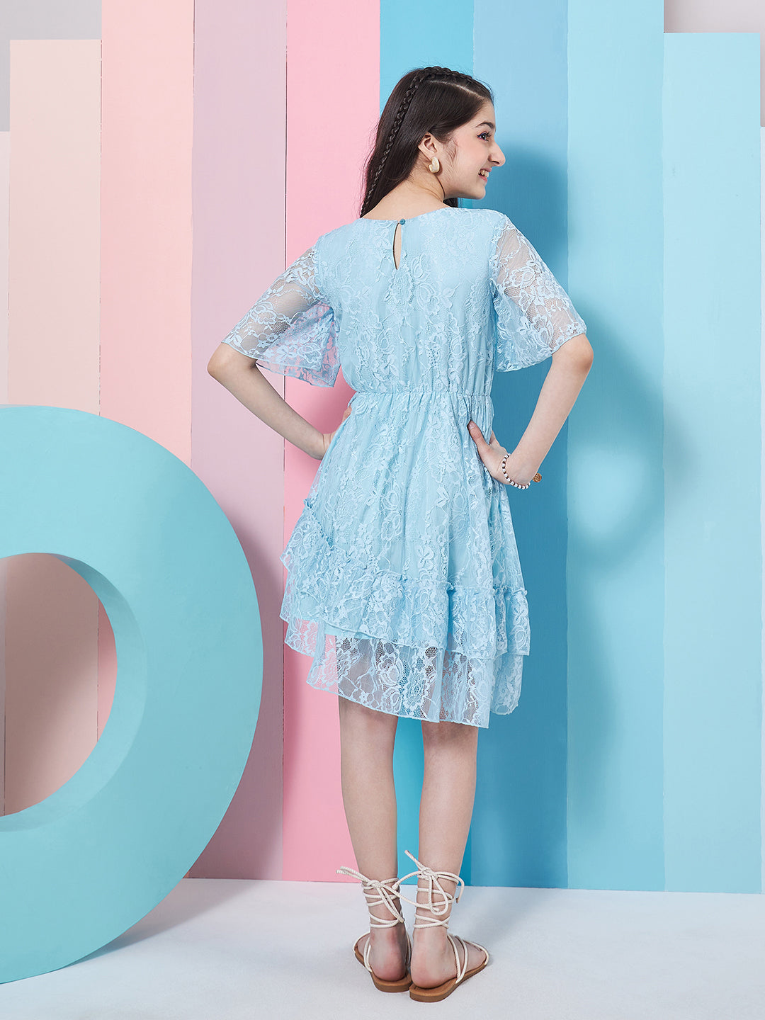 Girl's V-Neck Lace Fit Flare Dress Blue Color Effortlessly Perfect for Every Occasion (d-bluelace)