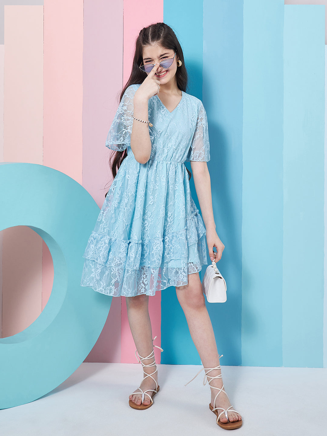 Girl's V-Neck Lace Fit Flare Dress Blue Color Effortlessly Perfect for Every Occasion (d-bluelace)