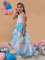 Girl's Geometric Print Shoulder Strap Fit Flare Maxi Dress Blue Color Effortlessly Stylish and Chic (d-blueorganza)