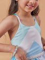 Girl's Geometric Print Shoulder Strap Fit Flare Maxi Dress Blue Color Effortlessly Stylish and Chic (d-blueorganza)