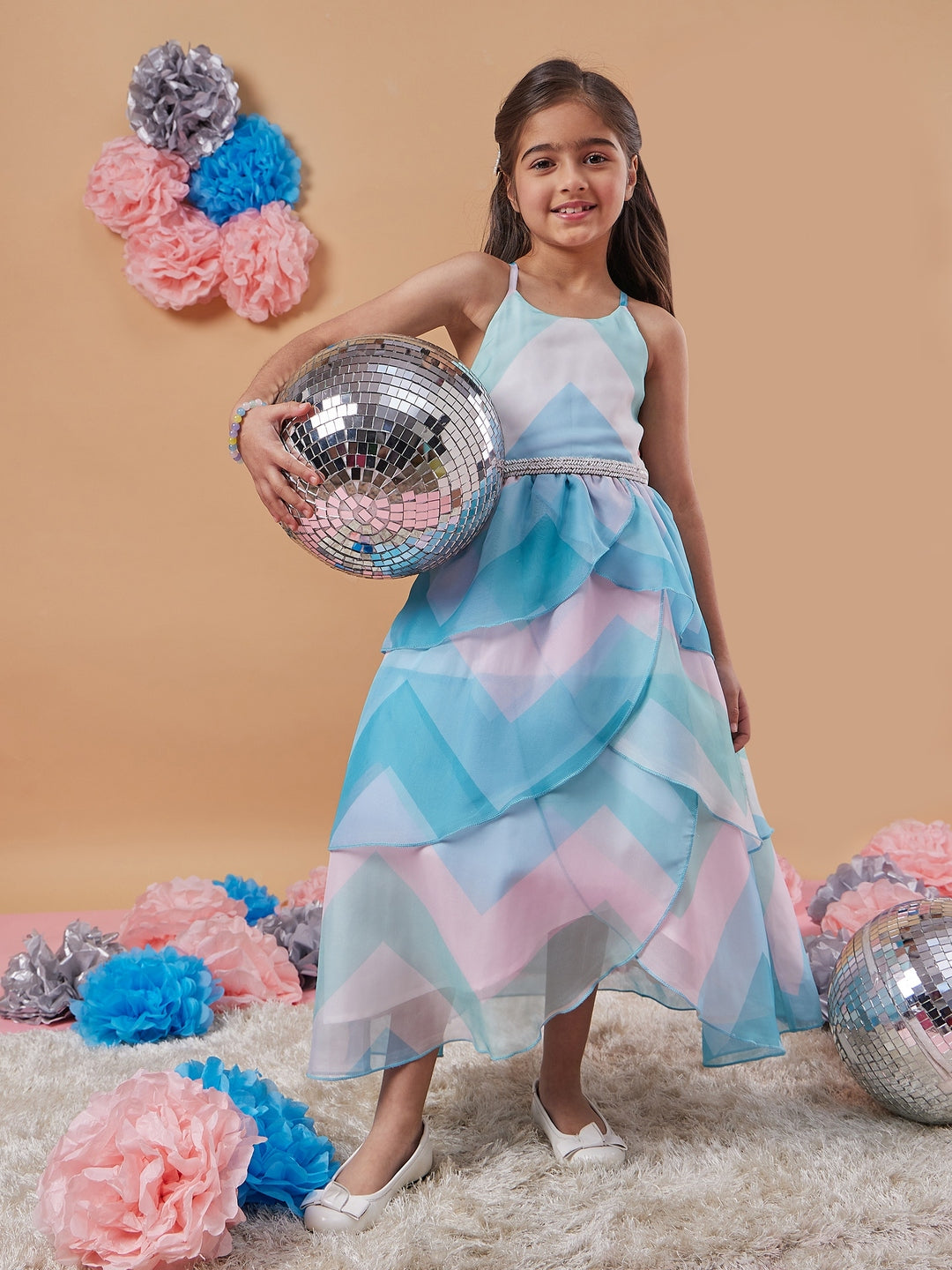 Girl's Geometric Print Shoulder Strap Fit Flare Maxi Dress Blue Color Effortlessly Stylish and Chic (d-blueorganza)