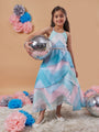 Girl's Geometric Print Shoulder Strap Fit Flare Maxi Dress Blue Color Effortlessly Stylish and Chic (d-blueorganza)