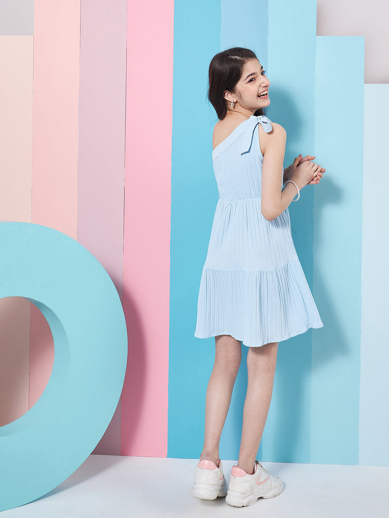 Chic Girl's One Shoulder Striped Crepe Fit & Flare Dress Trendy Comfortable and Perfect for Everyday Wear (d-blueshoulder)