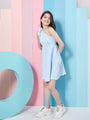 Chic Girl's One Shoulder Striped Crepe Fit & Flare Dress Trendy Comfortable and Perfect for Everyday Wear (d-blueshoulder)