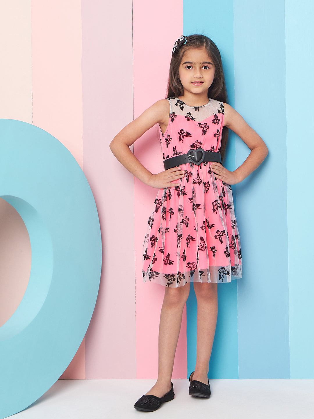 Girl's Floral Printed Fit Flare Dress Pink Color Exclusive Design High-Quality Fabric (d-butterflybelt)