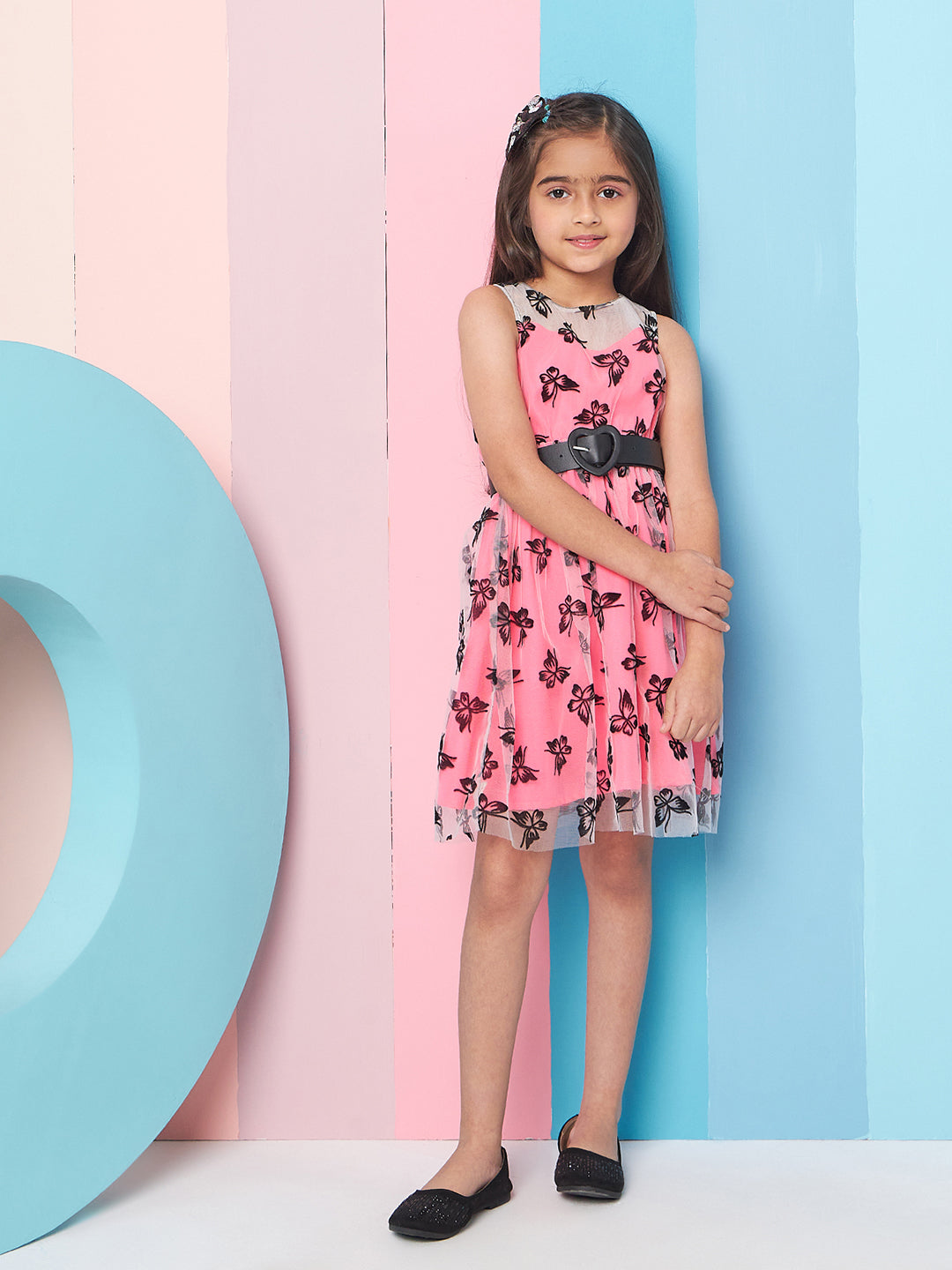 Girl's Floral Printed Fit Flare Dress Pink Color Exclusive Design High-Quality Fabric (d-butterflybelt)