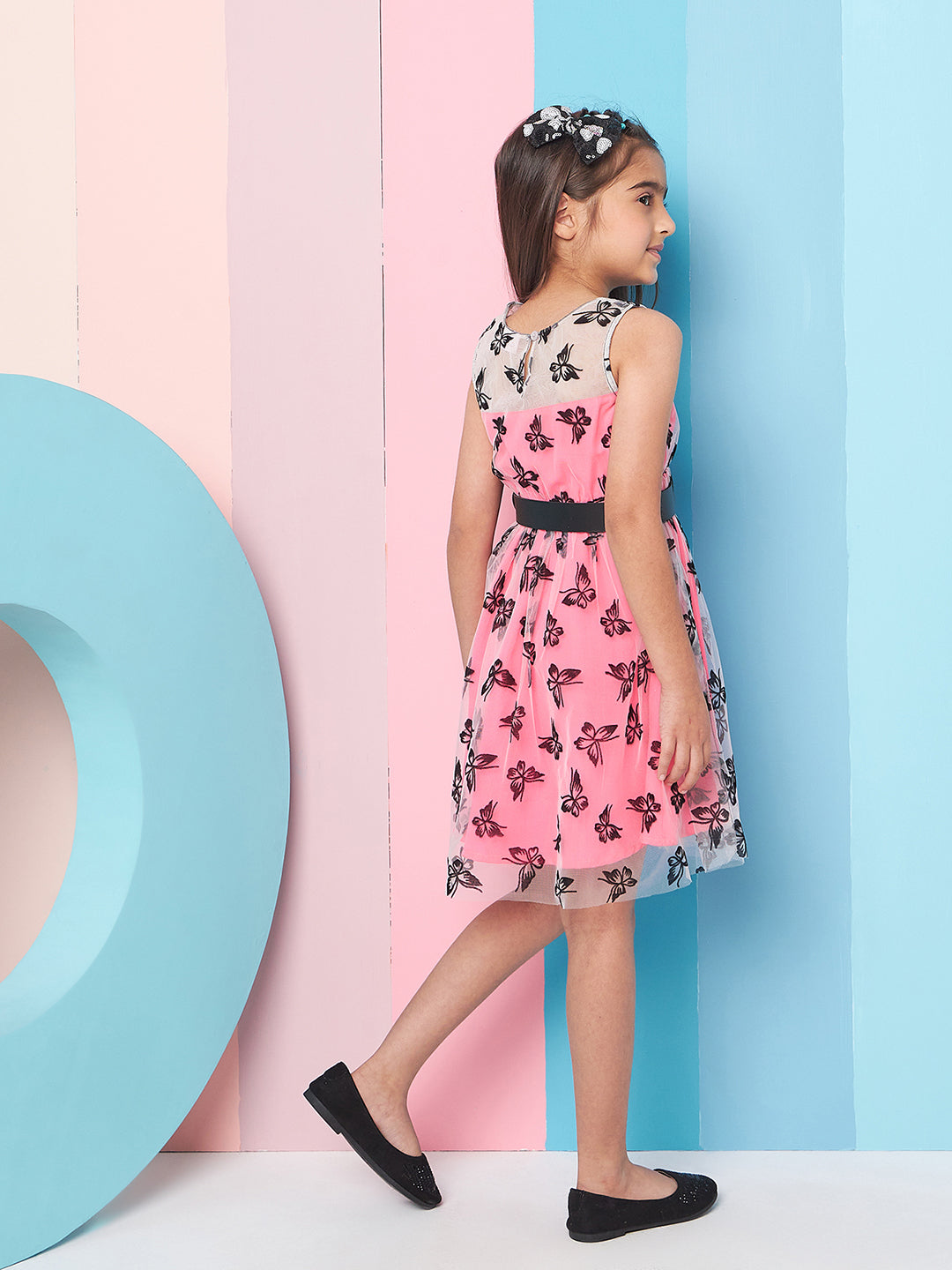 Girl's Floral Printed Fit Flare Dress Pink Color Exclusive Design High-Quality Fabric (d-butterflybelt)