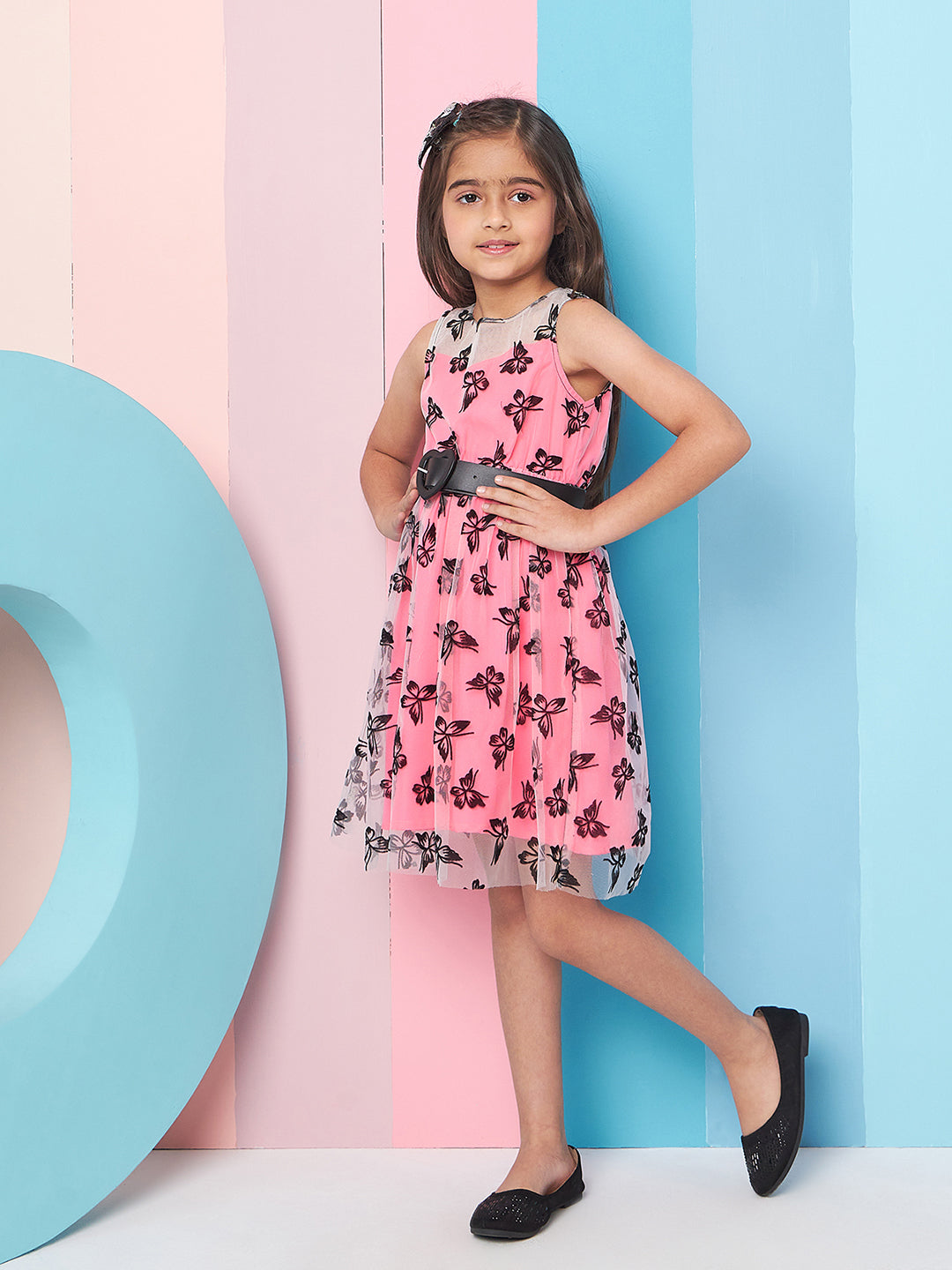 Girl's Floral Printed Fit Flare Dress Pink Color Exclusive Design High-Quality Fabric (d-butterflybelt)