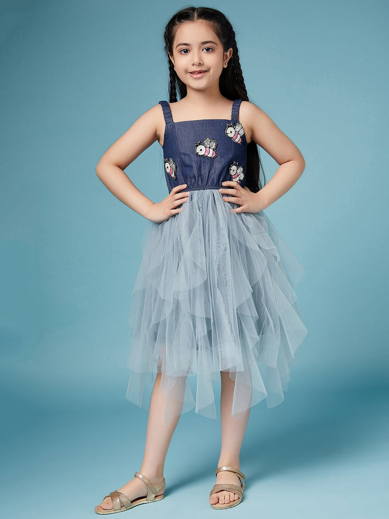 Girls Shoulder Straps Embellished A-Line Midi Dress (d-denimfrill)
