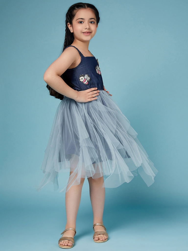 Girls Shoulder Straps Embellished A-Line Midi Dress (d-denimfrill)