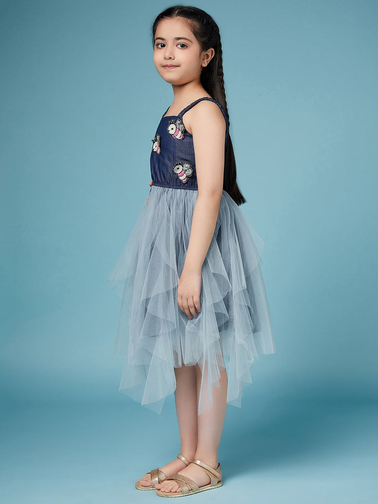 Girls Shoulder Straps Embellished A-Line Midi Dress (d-denimfrill)
