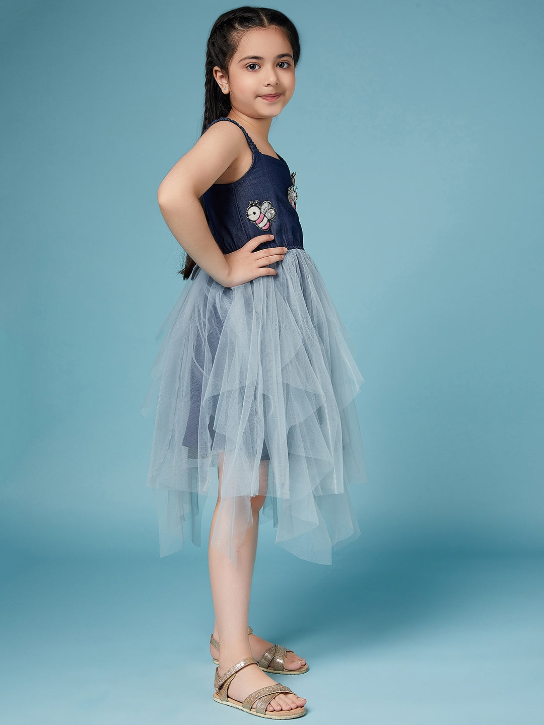 Girls Shoulder Straps Embellished A-Line Midi Dress (d-denimfrill)