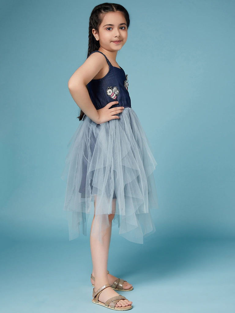 Girls Shoulder Straps Embellished A-Line Midi Dress (d-denimfrill)