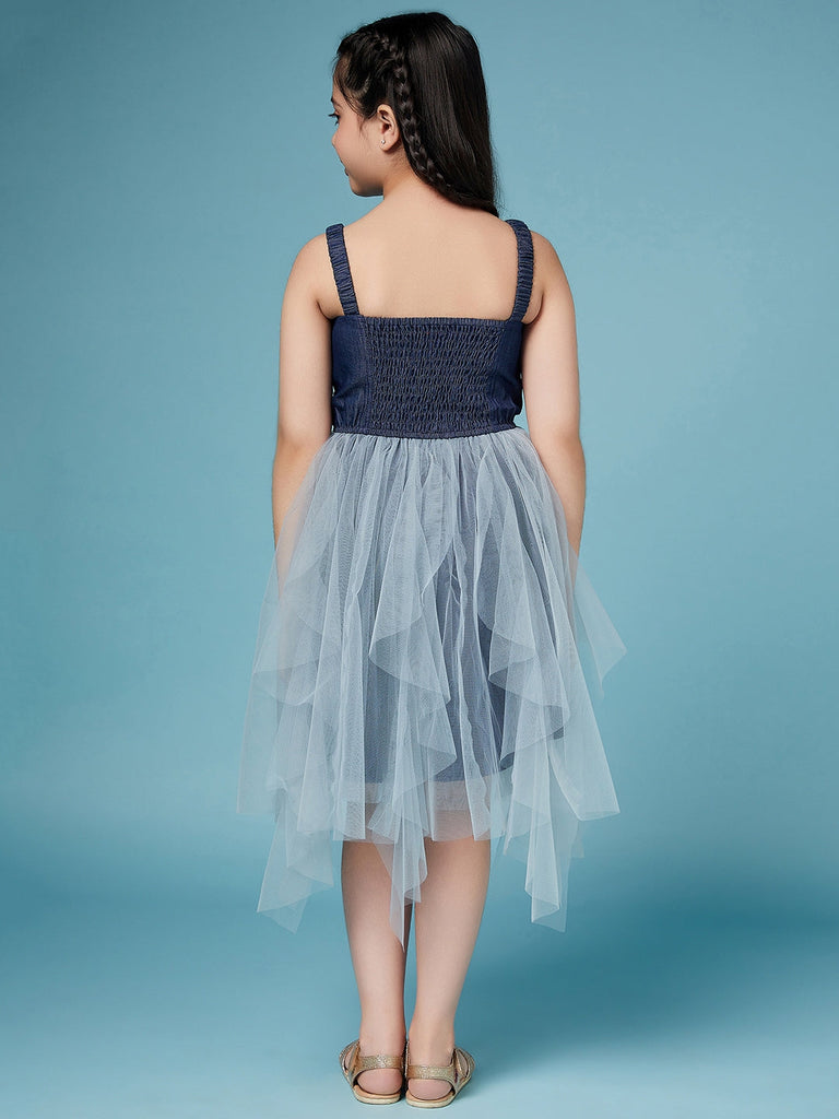 Girls Shoulder Straps Embellished A-Line Midi Dress (d-denimfrill)